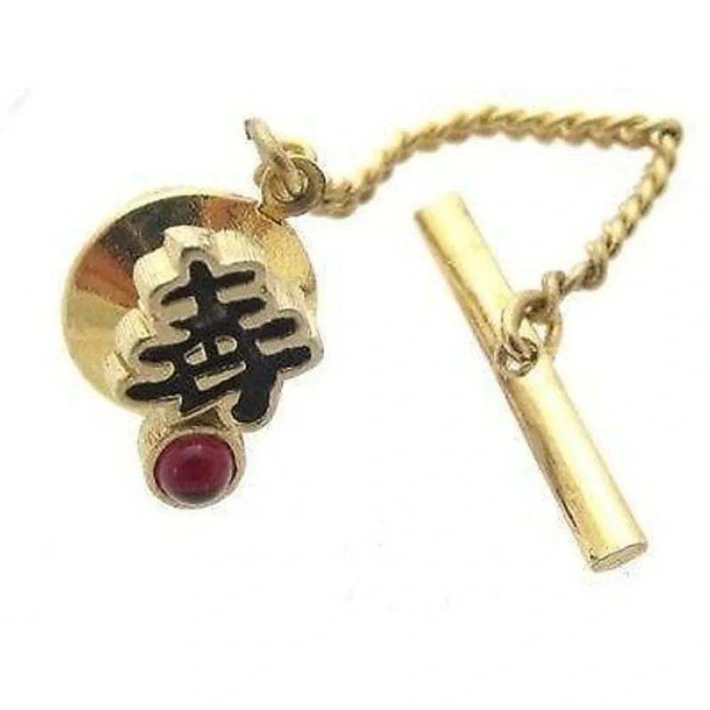 Vintage Red Rhinestone Black Asian Symbol Chinese Gold Plated Chain Tie Tack Pin